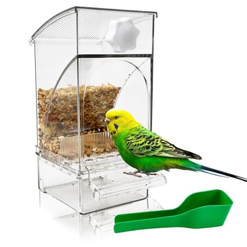 Hamiledyi No Mess Bird Feeder Automatic Transparent Acrylic Parrot Seed Food Container with Perch Bird Cage Accessories for Parakeet Finch Lovebirds Budgies Canary - color: Transparent Feeder