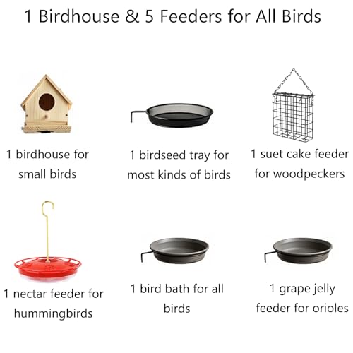 5 Feeders + 1 Birdhouse Bird Feeding Station 90" Height 1" Diameter Outdoor Stand with 5-Prong Base Attract Wildbird to Yard Garden Patio