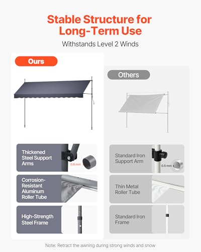 VEVOR Manual Retractable Awning, 157" x 59" Outdoor Patio Awnings Sunshade Shelter with 43"-59" Retractable Side Bar, No Drill Height Adjustable, Crank Handle for Backyard, Balcony, Dark Gray - size: 157x59 in