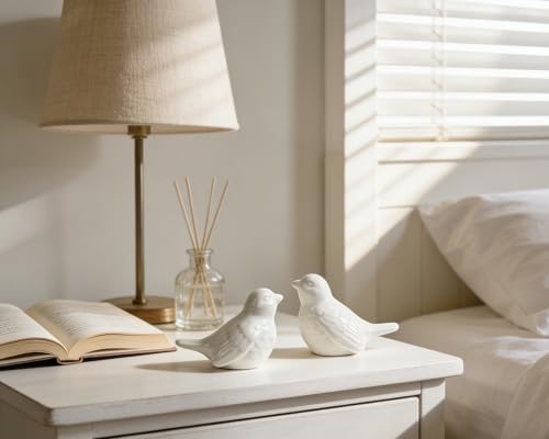 Set of 2 Ceramic White Bird Figurines, 3.75 Inch Modern Bird Statues Home Decor, Cute Small Knick Knacks for Shelf, Office, Living Room, Bathroom, Kitchen, Housewarming Gift - color: White
