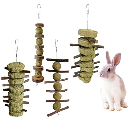 LWINGFLYER 4 Pack Bunny Chew Toys Apple Wood Chews Rabbit Cage Hanging Grass Cake Snack Treat for Teeth Grinding Improve Small Pet Guinea Pigs Chinchillas Hamsters Parrots Dental Health