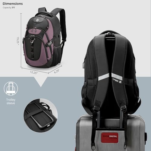 Swissdigital Design Laptop Backpack with USB Charging Port, Travel Backpack Fits 15.6 inches Computer, 31L College School Backpack for Women, Light Purple/Black | SD803-85 - color: Light Purple/Black