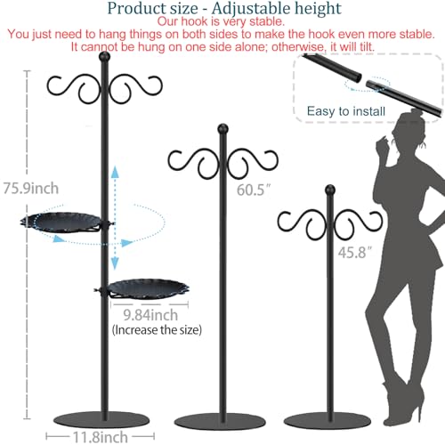 Thickened 74.5" Shepherd's Hook with Stand，Bird Feeder，Wind Chime Hanger Stand, Waterproof Metal & Adjustable-Height Pole Holder for Lantern ，Wreath, Hanging Plants Indoor & Outdoor（2 Placement Racks) - color: Thickened-Dark Black