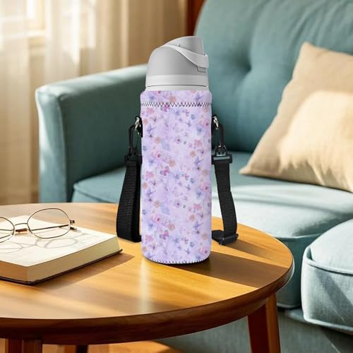 Neoprene 500ML/750ML/1000ML Water Bottle Bag Carrier, Portable Insulated Bottle Sling Holder Case Pouch with Adjustable Shoulder Strap for Men Women Walking Hiking Running - color: Flowers,Butterflies, size: 500ML