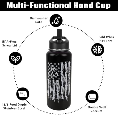 Fishing Water Bottle with Straws Fish Insulated Water Bottle Gifts for Men Dad Papa Husband Fisherman Fathers Day,Anniversary,Christmas,Birthday Travel Thermal Double Walled Vacuum Cup-32 oz - color: black fish hook