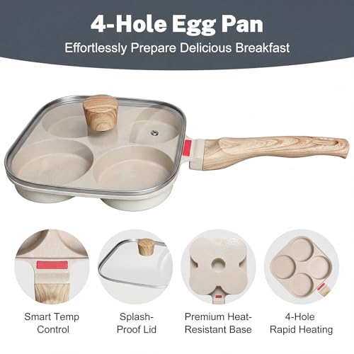 4‑Cup Nonstick Egg Pan Set with Lid – Aluminum Omelette Skillet for Breakfast, Includes Silicone Scraper, Oil Brush, Chopsticks & Cleaning Cloth – Compatible with Gas & Induction Cooktops (White) - color: White