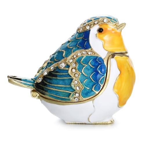 Hand Painted Enamel Robin Bird Trinket Box, Hinged Unique Mini Ring Necklace Jewelry Organizer, Classical Bejeweled Storage, Figurine Collectible Keepsake Home Decor (Robin Bird) - color: Robin Bird