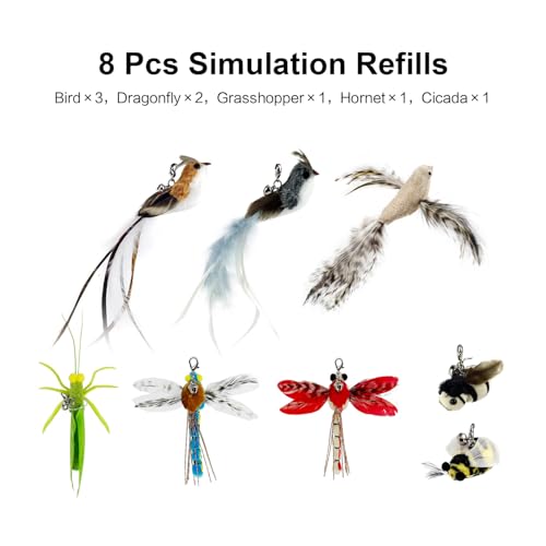 TTcat Suction Cup Cat Toy Wand, 2 in 1 Handheld & Free Standing Interactive Cat Teaser with 8 Pcs Replaceable Feather Bird Insect Refills, Long Flexible Wire Cat Wand Toy for Indoor Cat Self Play. - color: Luxury Suction Toys (8 Refills）