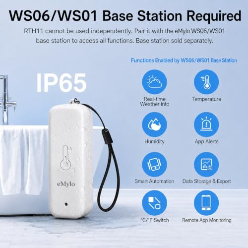eMylo RTH11 Add-On Temperature Humidity Sensor, IP65 Weather-Resistant | Indoor Outdoor Remote Sensor, 492 ft Range, Requires eMylo WiFi Base Station for App Monitoring, Base Station Not Included