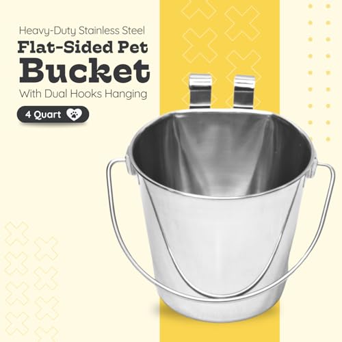 4 Quart Stainless Steel Flat Sided Bucket with Dual Hooks | 1 gal Durable Food & Water Bowl for XL Dogs, Cats, Goat & Livestock | Fits kennel Cage Critter Crate | Hanging Utility Pet Pail - size: 4 Quart