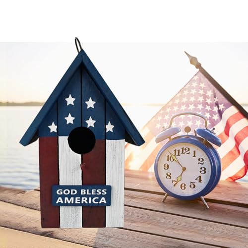 Patriotic Wood Bird House for Outside, US Flag Garden Decorative Wooden Bird House Hanging Birdhouse Home for Wrens and Small Birds