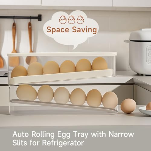 Rolling Egg Holder for Fridge, Egg Dispenser for Refrigerator, Automatic Rolling Storage Container for Countertop, Kitchen & Outdoor Use (3.35"x5.59"x11.92") 1 Pack - color: Cream white