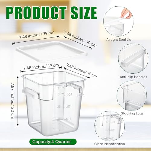FoldTier 2 Pieces Square Food Storage Containers Polycarbonate Clear food Container with Lid Commercial Storage with Graduations for Commercial Kitchen Dough Marinating Meat(White,4 Qt) - color: White, size: 4 Qt