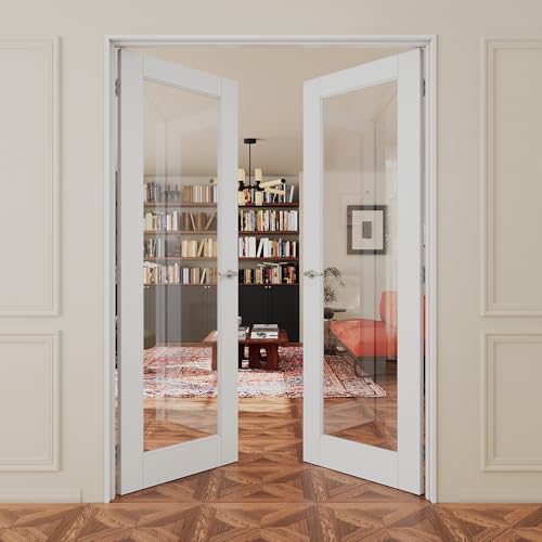 48x80 Interior French Door,1-Lite Clear Glass Doors,Living Room Doors | Satin Nickel Hardware-Privacy Door Lever w/ Lock, Latch&Hinges, Solid Core,Tempered Glass,No PreDrill,Jamb Assembly Required - color: Full Lite, Silver Hinges, size: 48x80 for 50x82 o