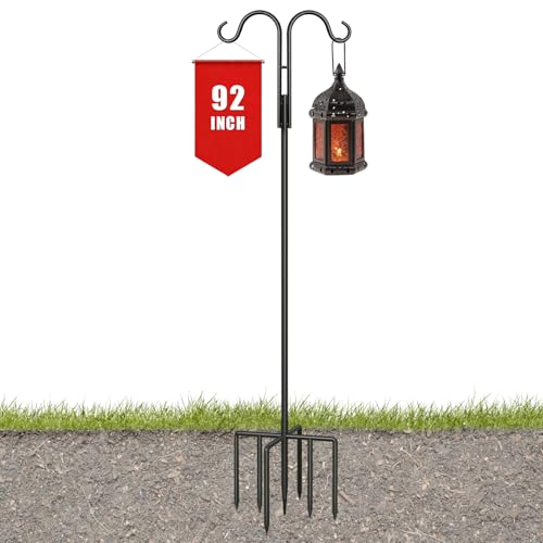92 Inch Double Shepherds Hook for Outdoor, Heavy Duty with 5 Prong Base | Shepherd hook for bird feeders, Flower baskets, Lanterns, Nesting stations, Garden decor, Sturdy pole, Weather-resistant - size: 92IN 1PACK