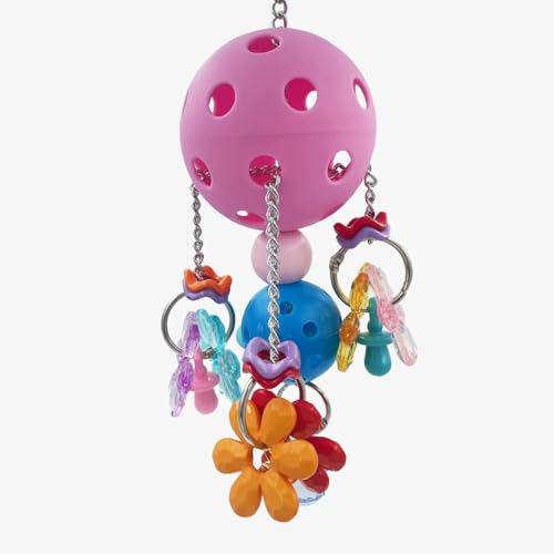 Pullable Bird Plastic Ball Toys with Acrylic Pacifiers and Flowers, Colorful Parrot Toys for Medium and Large Parrot Quaker Monk Parakeet Sun Conures (Pink) - color: Pink