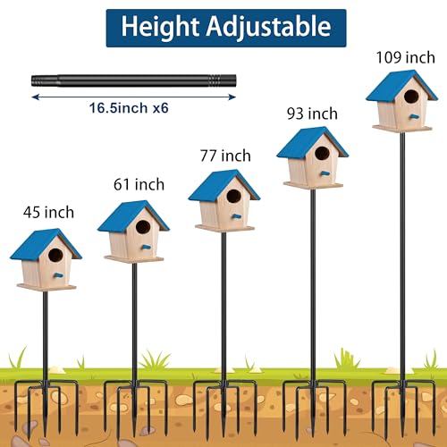 Ottsuls Bird Feeder Pole, 109 Inch Heavy Duty Bird House Pole Kit for Outdoors, with 5-Prong Base Feeding Station for Wild Birds Watching, Adjustable Feeder Stand (House Not Included) - size: 109 IN-1Pack