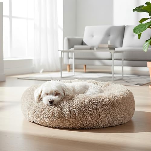 PetAmi Calming Donut Dog Bed, Washable Faux Fur, 23 Inch Small, Taupe | Warm Shaggy Faux Fur and A Deep Nest Help Anxious Pets Curl Up and Sleep Soundly. Perfect for Puppies, Cats, and Rescues. - color: Taupe, size: Small - 23"