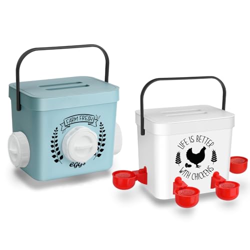 ‎Tgeyd Chicken Feeder and Chicken Waterer Set - Hanging Automatic Chicken Feeder No Waste - Chicken Coop Accessories - Poultry Waterer with 2 Gallon/10 Pounds