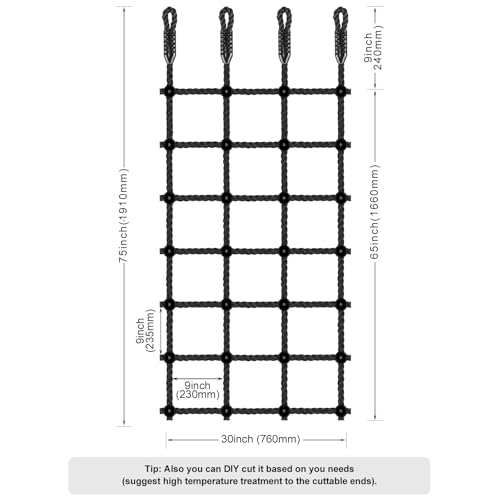 Climbing Cargo Net for Kids Outdoor 30" x 75" Heavy-Duty No Knots Climbing Net for Swing Set, Treehouse, Playground, Ninja Lines, Ninja Obstacle Course Rope Net for Climbing - 1000 LB Capacity - color: Black - 30" X 75"