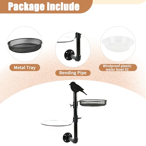 Wall Mounted Bird Feeder Fence Bird Feeder Platform with Metal Seed Tray and 2 Bird Bath Bowls Fence Tree Mount Bird Feeder Porch for Outside, Great for Attracting Wild Bird