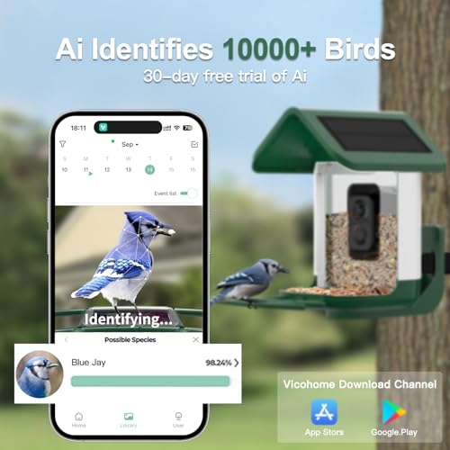Bird Feeder with Camera Solar Powered : Smart Camera Bird Feeder 2K Live Feed Cam for Outdoor Backyard - Ai Identify Auto Capture Videos Pictures, Gifts for Birdlover Mom Dad, 2.4GHz WiFi - color: White Green
