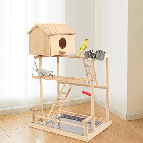 HiCaptain Large Bird Playground, 3 Layers Cockatiel Playground, Pet Parrot Playstand Gym Wooden Playpen Birds Play Stand with Nesting Box, Ladder, Feeder Cups