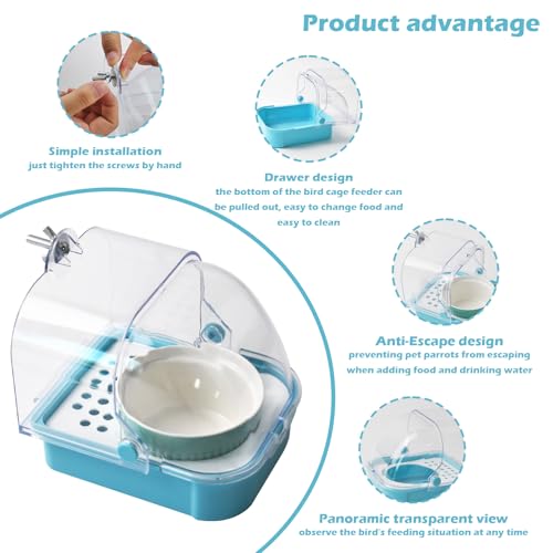 2 in 1 No Mess Bird Feeder,Bird Cage Feeder with Ceramic Bowl and Parrot Bathtub with Bottom Drawer Hanging Tube Shower Box for Birds Budgies Parakeet Small Parrot Cockatiels(Blue) - color: 【Blue】