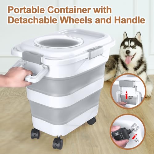 Dog Food Storage Container, 10-20 lbs Airtight Collapsible Cat Food Storage Container with Attachable Wheels, Portable Handle, Dog Food Scoop for Dog Cat Bird Pet Dry Food Storage Bin Light Grey - color: Light Grey, size: Medium