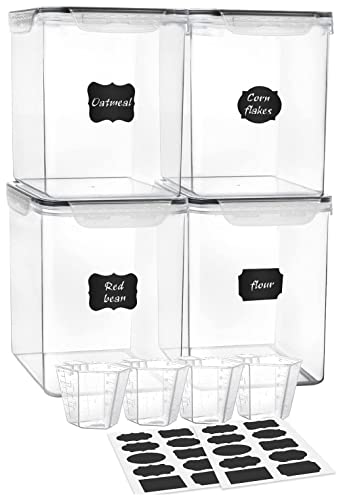 Large Food Storage Containers 5.2L (175oz), MCIRCO 4 Pieces Plastic Airtight Food Storage Containers for Flour, Sugar, Baking Supplies, with 4 Measuring Cups and 20 Labels - size: 5.2L