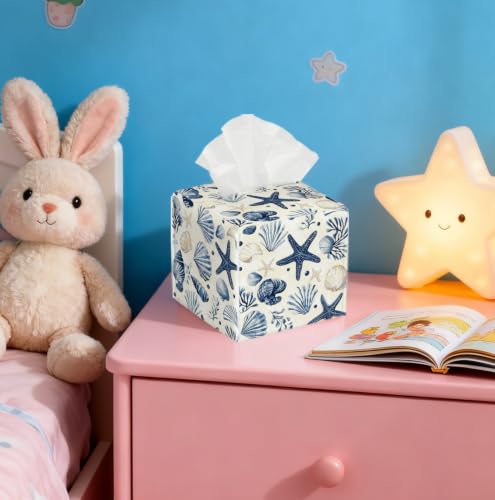 Watercolor Seashell Starfish Tissue Holder,Coastal Decor Gift | 5.2Inch Classic Coastal Nautical PU Tissue Box Cover,Decor Fits Bathroom,Bedroom,Beach House&Apartment,Coastal Holiday Gift - color: White Decoration Theme-12