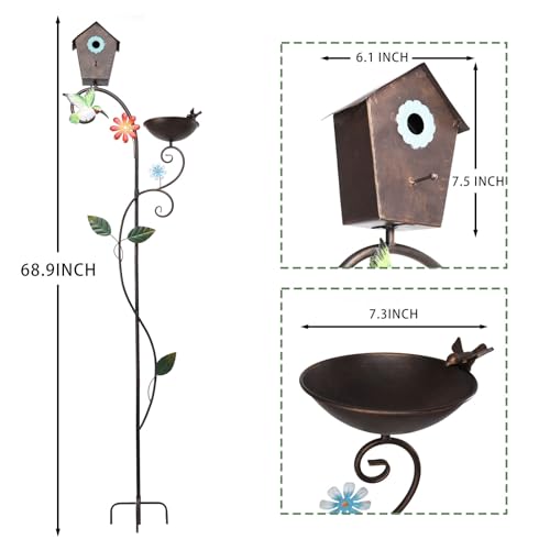 Yinns Metal Bird House, Decorative Birdhouse Stake with Bowl for Yard Decor | 69“ Bird House with Baths Bird Pole, Heavy Duty Birdhouse Stake for Outdoor Metal Bird Bath Bowl for Outside Garden Decor - color: Brown