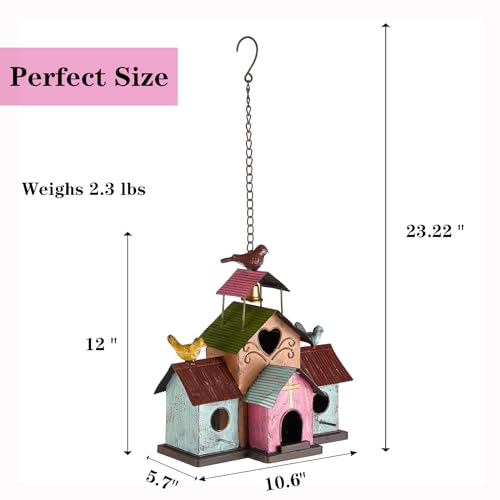 Large Bird Houses for Outside Hanging, 4 Hole Outdoor Bird House with Bell, Easy Clear, Colorful Metal Bird Houses for Outside. - style: Colorful 1