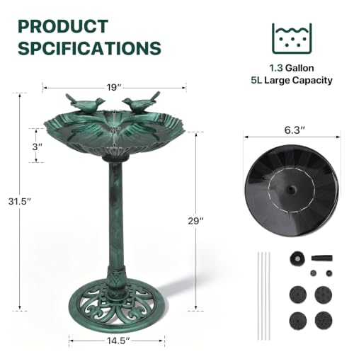 Athena Collection 31.5" Solar Powered Pedestal Bird Bath Fountain, Green | Detachable Solar Fountain Broad, 6 Spray Patterns, 5L Water Large Capacity，3 Ground Nails Included for Garden Yard Lawn - color: Green