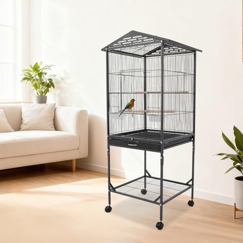 Bird Cage, 18.11 x 18.11 x 49.21 Inch Mobile Bird Flight Cage Large Metal Parakeet Cage w/Slide-Out Tray & Storage Shelf for Budgerigars Lovebirds Kea Parrots & Sun Conures - color: Black, size: 18.1"L x 18.1"W x 49.2"H