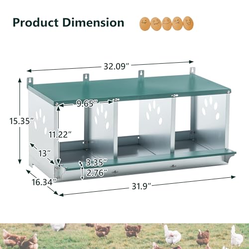 3 Compartment Chicken Nest Box, 3 Room Galvanized Steel Rustproof Metal Nesting Boxes, Chicken Egg Collection Laying Box for Hens - size: 32.1"L x 16.3"W x 15.4"H