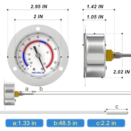 MEANLIN MEASURE 2Pcs Vapor Capillary Refrigeration Thermometer with Stainless Steel Front Flange Mount, 2" Dial, 48" Capillary Length, Temperature Range -40-65°F/-40-20°C, Accuracy 2% - style: 2PCS