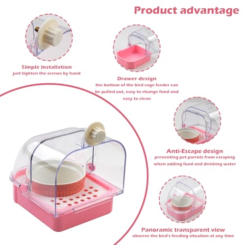 No Mess Parakeet Feeder, 2 in 1 Pull Out External Parrot Feeder with Bottom Drawer Hanging Shower Box for Birds Budgies Parakeet Small Parrot Cockatiels(Pink) - color: 【Pink】
