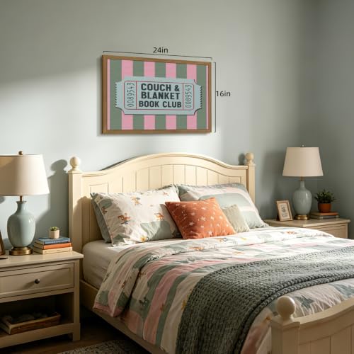 CGXY Couch Blanket Book Club Wall Art, Vintage Book Club Ticket Poster Print, Pink Green Stripe Reading Room Decor, Retro Book Lover Aesthetic Picture for Bedroom Library Wood Framed 16x24 Inch - color: SofaBlanket, size: 24"L x 16"W