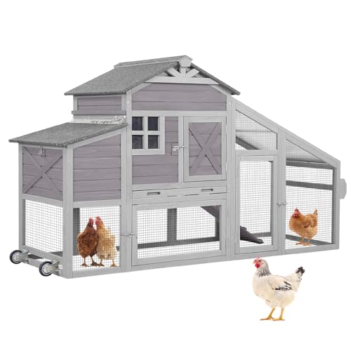 AIVITUVIN Chicken Coop with Nesting Box Mobile Chicken House on Wheels for 2-4 Chickens Rabbit Hutch Pull-Out Tray Wooden Poultry Cage - color: Grey