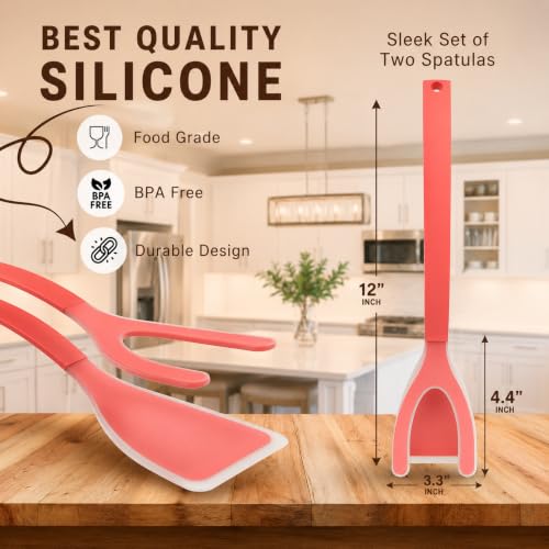Silicone Egg Flipper Spatula Tongs (Set of 1) – Non-Stick 2-in-1 Grip & Flip Kitchen Tongs for Pancakes, Fish, Eggs, and More – Heat Resistant Cooking Tool (Red) - color: Red