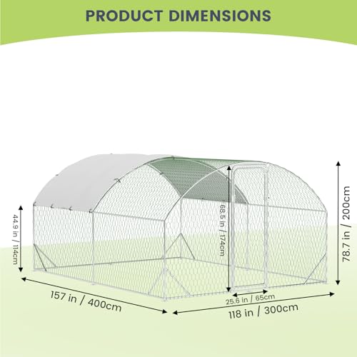 GarveeLife Large Metal Chicken Coop, Dome Shape Chicken Coop with Upgrade Tri-Supporting, Large Chicken Run with Waterproof and Anti-UV Cover (13.1 ft L x 9.8 ft W x 6.6 ft H) - size: 154.0"L x 78.7"W x 78.4"H