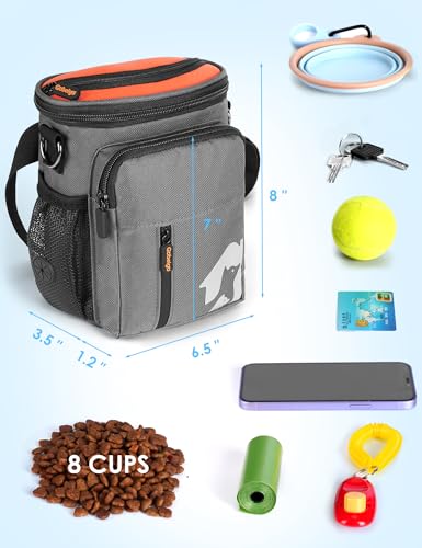 8 Cup Dog Treat Pouch with Training Clicker(Gray & Orange) | 3 Ways to Wear/Built-in Poop Bag Dispenser/Zipper Front Pocket Phone Friendly Treat Bag for Pet Training & Walking - color: Gray & Orange
