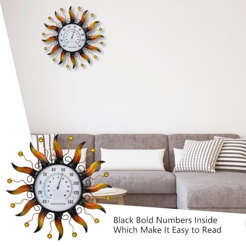 VEWOGARDEN 13.5 Inch Metal Sun Outdoor Thermometer Waterproof Decorative Wall Indoor Outdoor Thermometer for Patio, Garden & Home Decor - style: Sun(yellow)