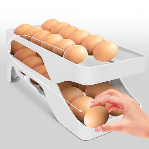 Egg Holder for Fridge Automatic Rolling Egg Dispenser for Refrigerator Kitchen Countertop - Space-saving Egg Roller/Organizer/Storage/Container/Tray for Fridge Double Track - color: Grey