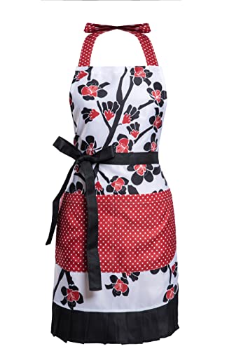 Lovely Flower Pattern Retro Aprons With Large Pockets for Women Girls Cooking Kitchen Bakery Mother's Gift - color: Plum Bloom