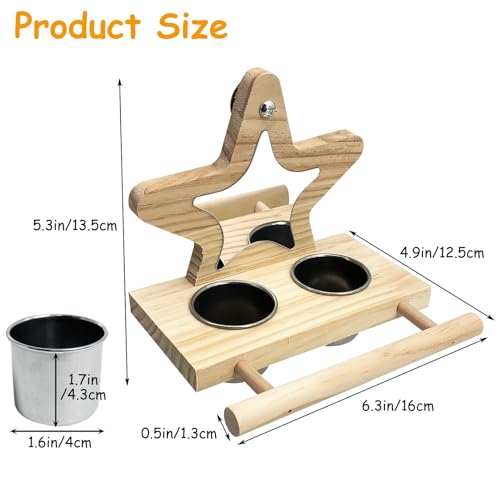 Tfwadmx Parrot Wooden Feeding Cups with Wooden Platform Stainless Steel Birds Bowls Food Water Bowls with Bird Food Holder for Cockatiel Conure Budgie Parakeet Macaw Lovebird