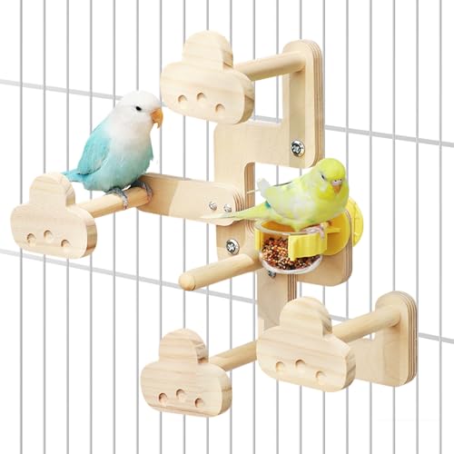 Natural Wood Perch Stand with Feeding Cups(PVC Bowl) | Parrots Play Gym,Birds Perch Stand,feeder - color: wood