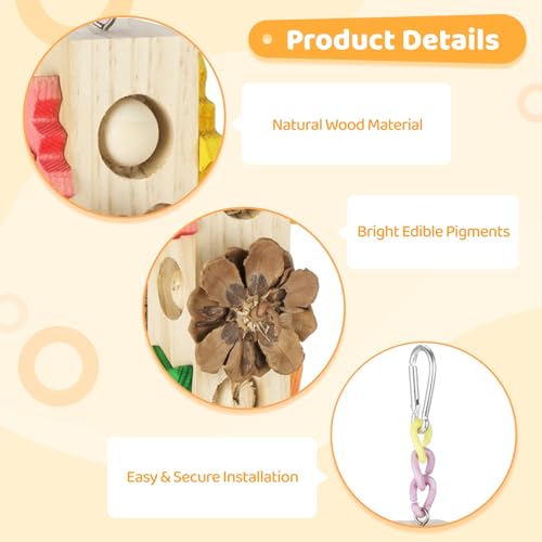 2 Pcs Bird Toys for Parrot, Hanging Parrot Toy with Pine Cones, Natural Wood Blocks Foraging Toys for Cockatiels Conures Budgies Parakeets, Cage Accessories