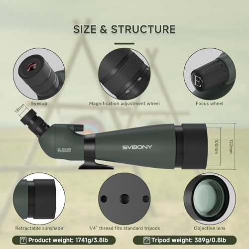 SVBONY SV28 100mm Spotting Scope for Target Shooting, 25-75x Spotter Scope | Long Range Viewing for Bird Watching, Stargazing, Clearly at 300 Yards, FMC HD Optics with Soft Carry Case & Phone Adapter - style: 25-75x100